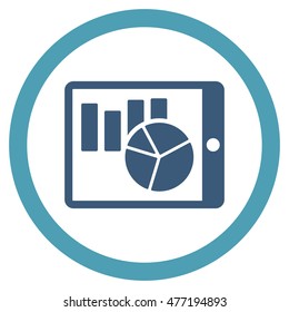 Charts on Pda vector bicolor rounded icon. Image style is a flat icon symbol inside a circle, cyan and blue colors, white background.