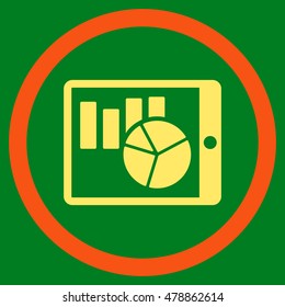 Charts on Pda vector bicolor rounded icon. Image style is a flat icon symbol inside a circle, orange and yellow colors, green background.