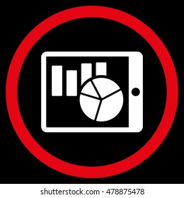 Charts on Pda vector bicolor rounded icon. Image style is a flat icon symbol inside a circle, red and white colors, black background.
