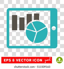 Charts on PDA vector icon. Image style is a flat grey and cyan iconic symbol.