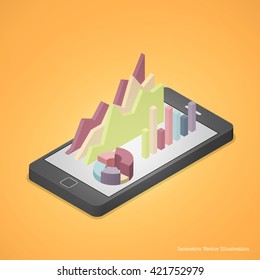 charts on smartphone. smartphone technology concept. Isometric vector illustration.