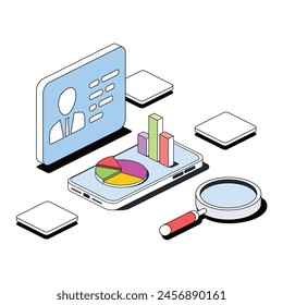 Charts on a smartphone, user analytics, magnifying glass. Vector 3d line isometric, color web icons, new flat style. Creative design idea for infographics.