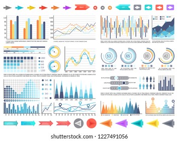 Charts and pie diagrams with numbers information vector. Pointers and schemes data, flowcharts with timelines analysis and results yearly comparison