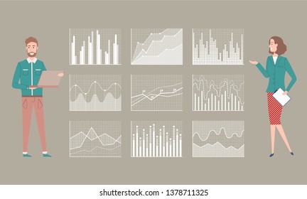 Charts representation of stats and info, woman and man with laptop programing and presenting infocharts, secretary lady with papers documents and info