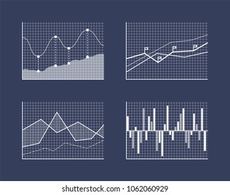 Charts and schemes set, poster with graphics and charts with curved lines, squares and dots, flags and information, isolated on vector illustration