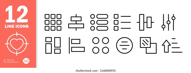 Charts set icon. Tables, columns, rows, sliders, controls, arrows, shapes, circles. Buttons for presentations. Data analysis concept. Vector line icon for Business