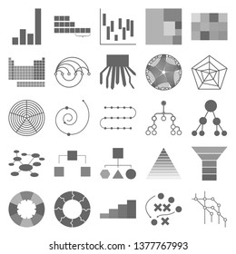 The charts set of icons - bar chart, Fishbone Diagram, Venn Diagram, stairs, timeline, scattered chart, Ferris wheelPuzzle