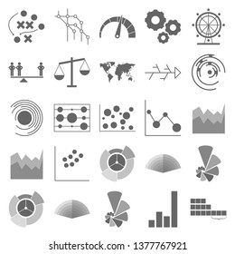The charts set of icons - bubble chart, the labyrinth chart, sankey diagram, Venn Diagram, mind map, bubble chart, fan chartlever diagram