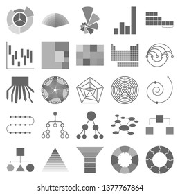 The charts set of icons - circular diatram, windrose digram, Puzzle, Venn Diagram, the labyrinth chart, spokes in a circle, pyramidconcentric diagram