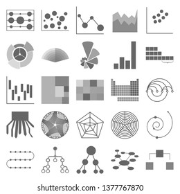 The charts set of icons - circular diatram, arc diagram, sunburst chart, map, decision tree, sketch of a strategic game, Puzzlepyramid
