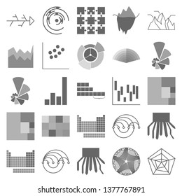 The charts set of icons - concentric diagram, radar chart, scattered chart, sankey diagram, binary tree, mountain chart, Venn Diagramspeedometer chart