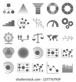 The charts set of icons - funnel, binary tree, technology system, scattered chart, waterfall chart, Ferris wheel, Puzzletree map