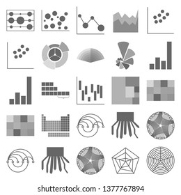 The charts set of icons - the labyrinth chart, stairs, fan chart, pyramid, line chart, tape digram, polar gridpie chart