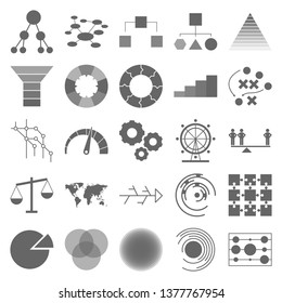 The charts set of icons - mountain chart, a sandwich diagram, concentric diagram, timeline, the labyrinth chart, Puzzle, sunburst chartradar chart