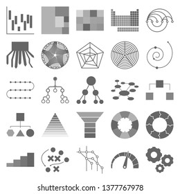 The Charts Set Of Icons - Puzzle, Mind Map, Bubble Chart, Sketch Of A Strategic Game, Decision Tree, Sunburst Chart, Funnela Sandwich Diagram