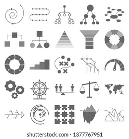 The charts set of icons - pyramid, block diagram, a sandwich diagram, area chart, sankey diagram, bubble chart, funnelFerris wheel