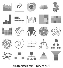The charts set of icons - radar chart, grid, spiral chart, waterfall chart, mountain chart, a sandwich diagram, Venn Diagramwindrose digram