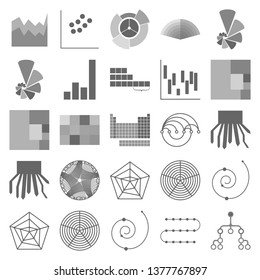 The Charts Set Of Icons - A Sandwich Diagram, Bubble Chart, Mountain Chart, Arc Diagram, Line Chart, Sunburst Chart, Stairstape Digram