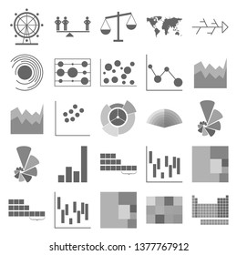 The charts set of icons - sankey diagram, pie chart, bar chart, map, radar chart, the labyrinth chart, gridblock diagram