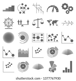 The charts set of icons - scattered chart, timeline, Ferris wheel, Churd diagram, area chart, speedometer chart, stairsarc diagram