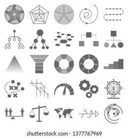 The charts set of icons - windrose digram, Libra, tree map, fan chart, bar chart, iceberg chart, funnelstairs