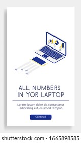 Charts show analysis of business statistics. Illustration contains graphics, phone, laptop. Vector isometric poster on a light background.