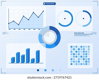 Los gráficos muestran el análisis de datos con gráfico de líneas, gráfico de barras, gráfico circular y patrón de cuadrícula. Diferentes Formas presentan tendencias y relaciones en los datos. Los Elementos visuales son en su mayoría azules.