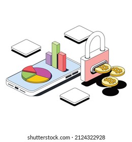 Charts, smartphone screen, lock bitcoin coins. Vector 3d sketch line isometric style, color icon illustration. Creative design idea and infographics elements.