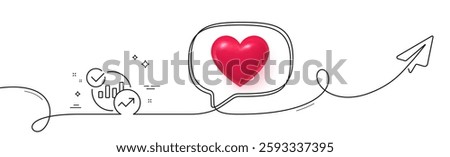 Charts, Statistics line icon. Continuous line with share plane. Report graph or Sales growth sign. Analytics data symbol. 3d heart in speech bubble. Statistics single line ribbon. Vector