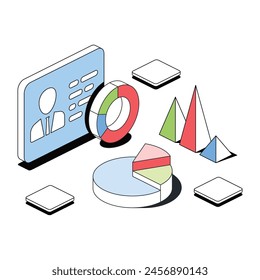 Charts, user analytics. Vector 3d line isometric, color web icons, new flat style. Creative design idea for infographics.