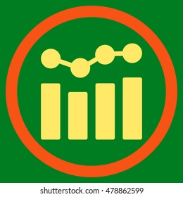 Charts vector bicolor rounded icon. Image style is a flat icon symbol inside a circle, orange and yellow colors, green background.
