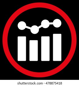 Charts vector bicolor rounded icon. Image style is a flat icon symbol inside a circle, red and white colors, black background.