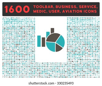 Charts vector icon and 1600 other business, service tools, medical care, software toolbar, web interface pictograms. Style is bicolor flat symbols, grey and cyan colors, rounded angles, white