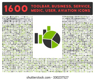 Charts vector icon and 1600 other business, service tools, medical care, software toolbar, web interface pictograms. Style is bicolor flat symbols, eco green and gray colors, rounded angles, white