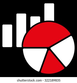 Charts vector icon. Style is bicolor flat symbol, red and white colors, rounded angles, black background.