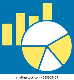 Charts vector icon. Style is bicolor flat symbol, yellow and white colors, rounded angles, blue background.