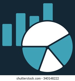 Charts vector icon. Style is bicolor flat symbol, blue and white colors, rounded angles, dark blue background.