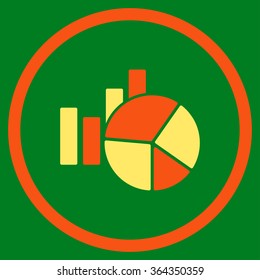 Charts vector icon. Style is bicolor flat circled symbol, orange and yellow colors, rounded angles, green background.