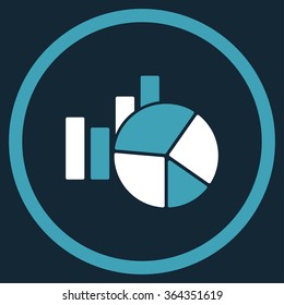 Charts vector icon. Style is bicolor flat circled symbol, blue and white colors, rounded angles, dark blue background.
