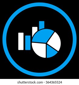 Charts vector icon. Style is bicolor flat circled symbol, blue and white colors, rounded angles, black background.