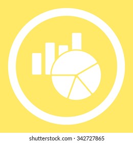 Charts vector icon. Style is flat rounded symbol, white color, rounded angles, yellow background.