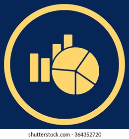 Charts vector icon. Style is flat circled symbol, yellow color, rounded angles, blue background.