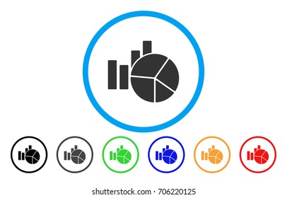 Charts vector rounded icon. Image style is a flat gray icon symbol inside a blue circle. Additional color versions are gray, black, blue, green, red, orange.