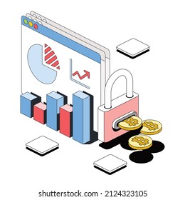 Pantalla de la ventana Gráficos, bloquear las monedas de bitcoin. Estilo isométrico de la línea de esbozo 3d vectorial, ilustración del icono de color. Idea de diseño creativo y elementos de infografía.
