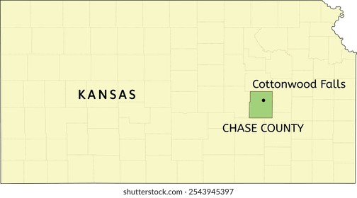 Chase County e cidade de Cottonwood Falls localização no mapa do estado de Kansas