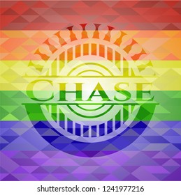 Chase emblem on mosaic background with the colors of the LGBT flag