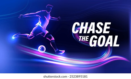 Chase the Goal High-Tech Background Apresentando um Evento de Futebol com Neon Light Waves-Vetor design