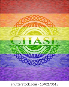 Chase on mosaic background with the colors of the LGBT flag
