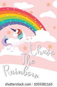 Chase the Rainbow Vector Illustration, Unicorn with Rainbow on Pink Background
