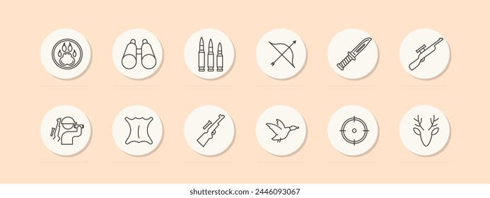 Chase set icon. Bear paw badge, rifle, bow, deer, skin, knife, bullet, horns, crosshair, sight, binoculars, silhouette, man, duck, pastel colors. Hunting concept. Vector line icon.